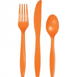 18 COUVERTS EN PLASTIQUE ORANGE SOLEIL DE QUALITÉ SUPÉRIEURE