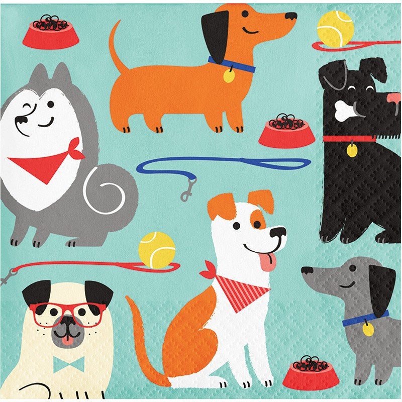 16 serviettes de table pour fête de chiens, 25 cm
