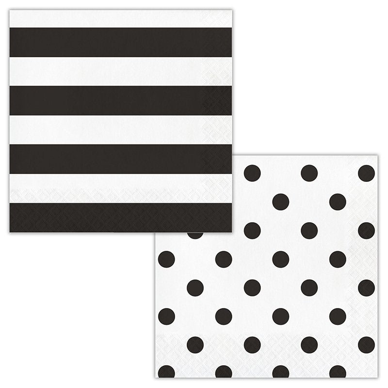 16 serviettes noires à pois et rayures, 33 cm