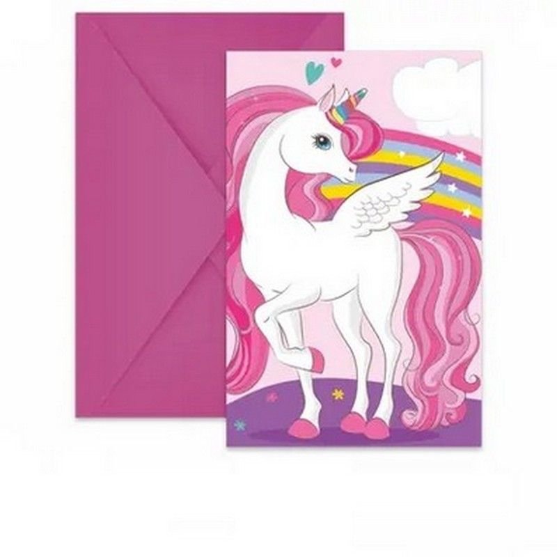 6 inviti con colori arcobaleno di unicorni